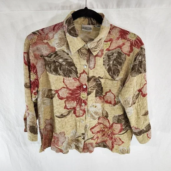 CHICO'S Floral Cardigan/Shirt Multicolor Size 1 (M)  3/4 Sleeves Button Up. - Picture 2 of 16